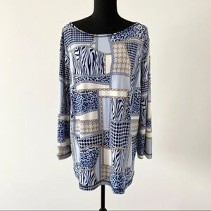 Vintage Diamond Tea Boat Neck Bell Sleeve Animal Print Blouse